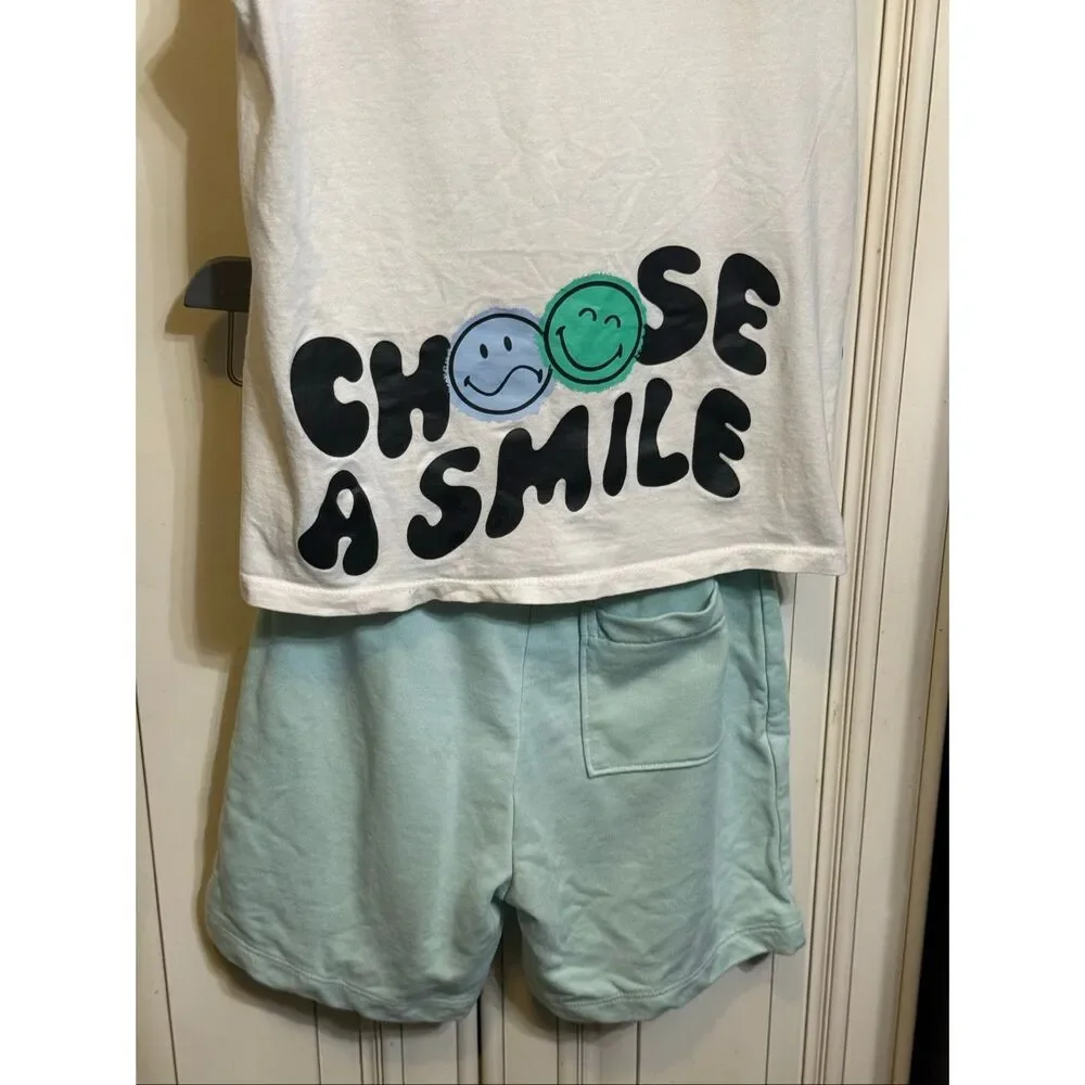 H&M Girls Smiley World Sleeveless Top and Short Outfit Sets White Green Size 6-7